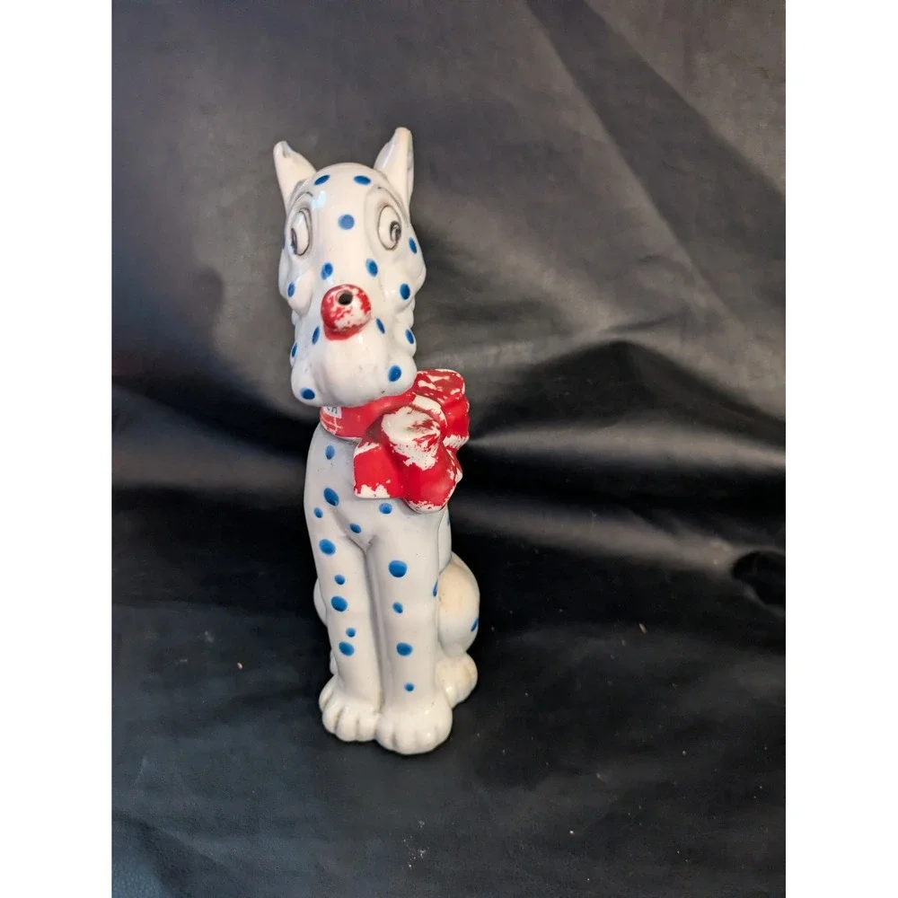 Blue Spotted Dog Scotch Ceramic Decanter Figurine‎ Red Bow Stopper 8.5 In